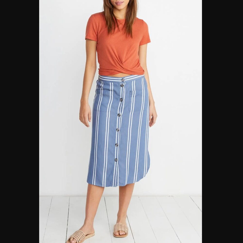 NWT Marine Layer Tess Midi Skirt Button Front Blue Stripe